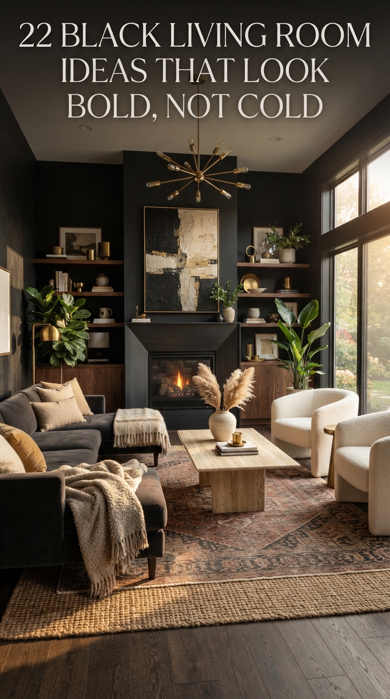 Luxury black living room with warm wood accents, cozy lighting, and stylish modern decor ideas.