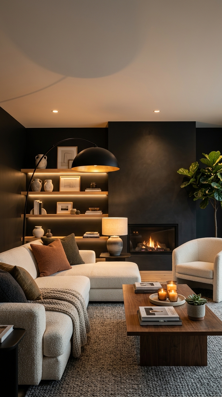 Black living room styled with layered lighting sources