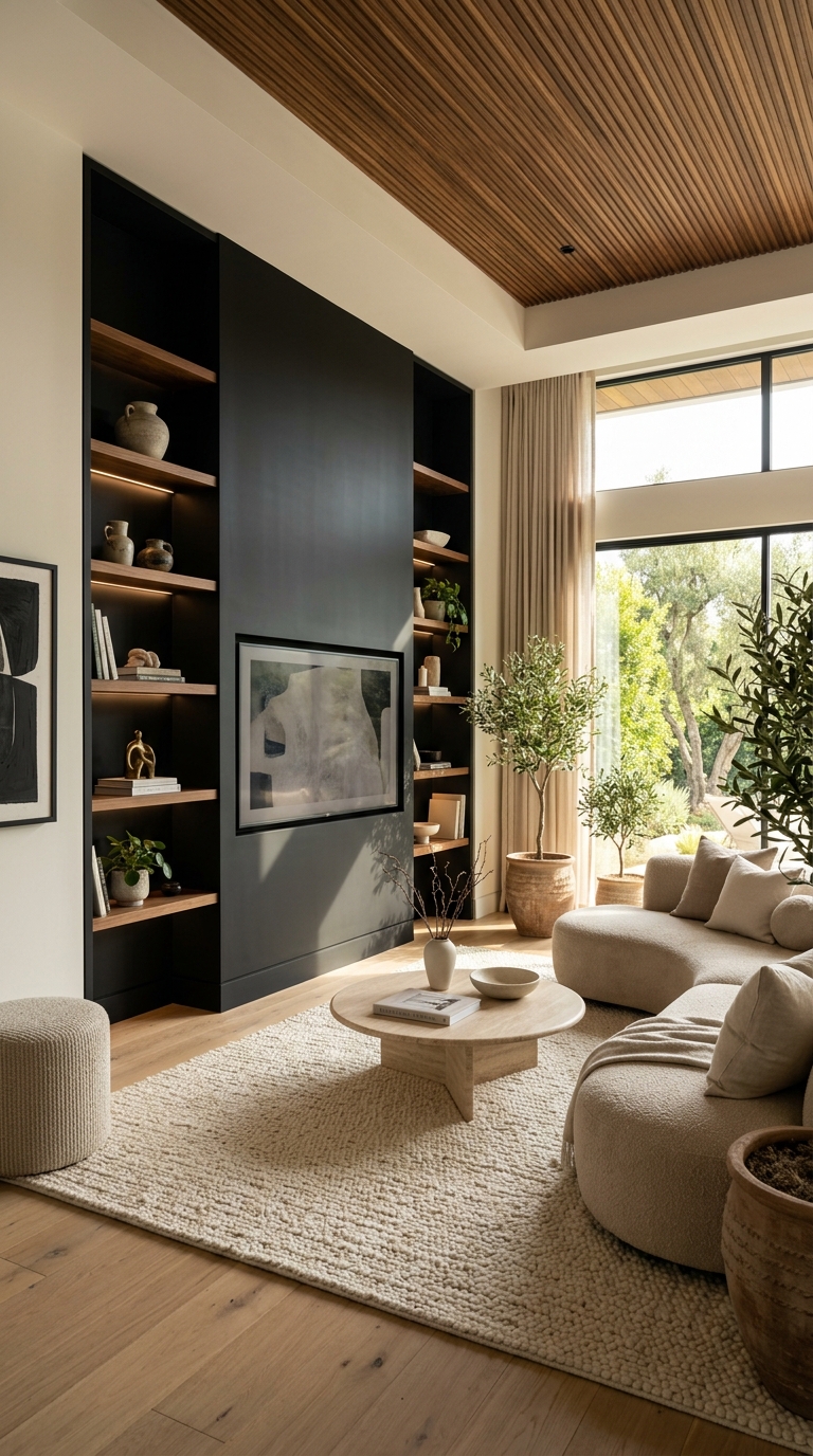 Black media wall styled with wood shelving and plant.