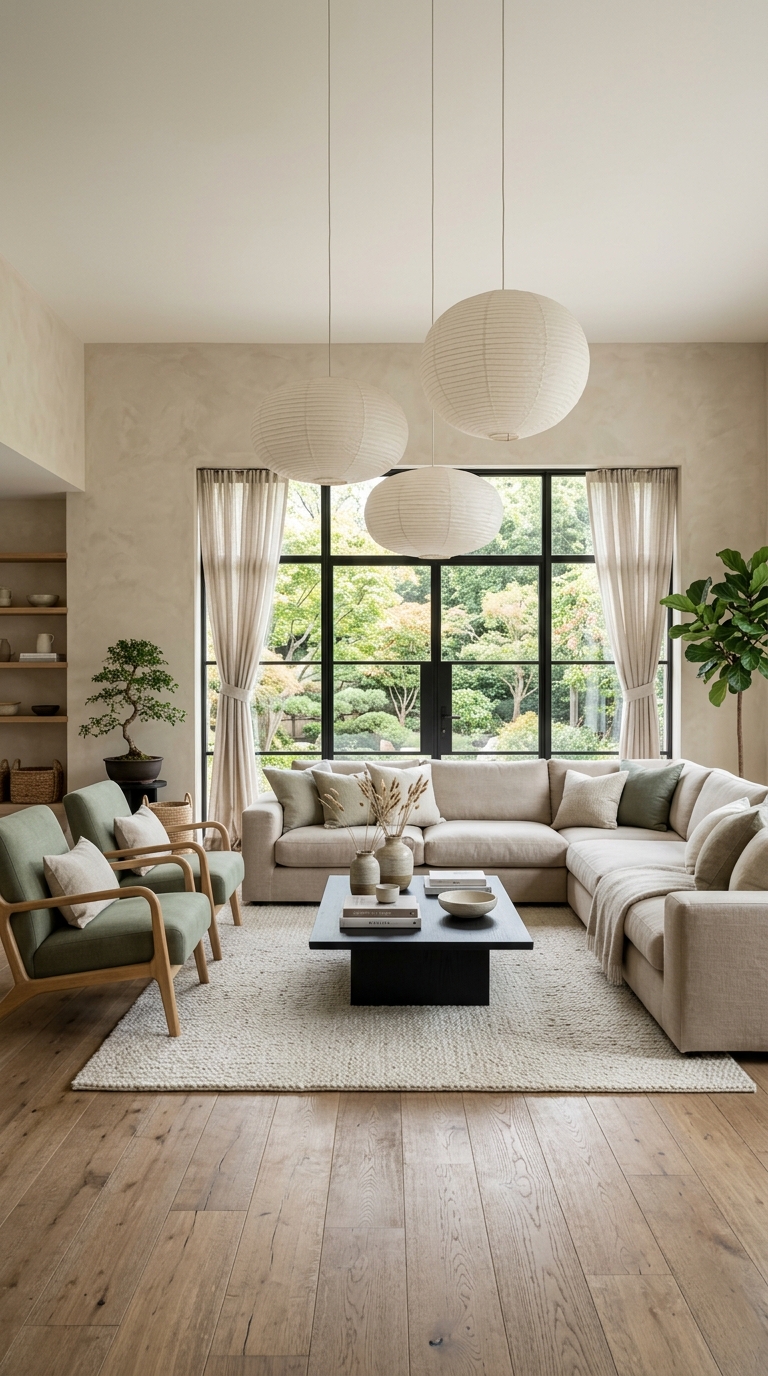 Black living room styled with sage green accents