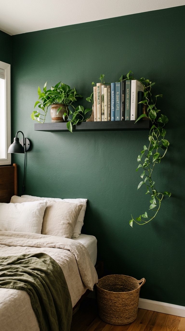 Black bedroom shelf against a deep green accent wall