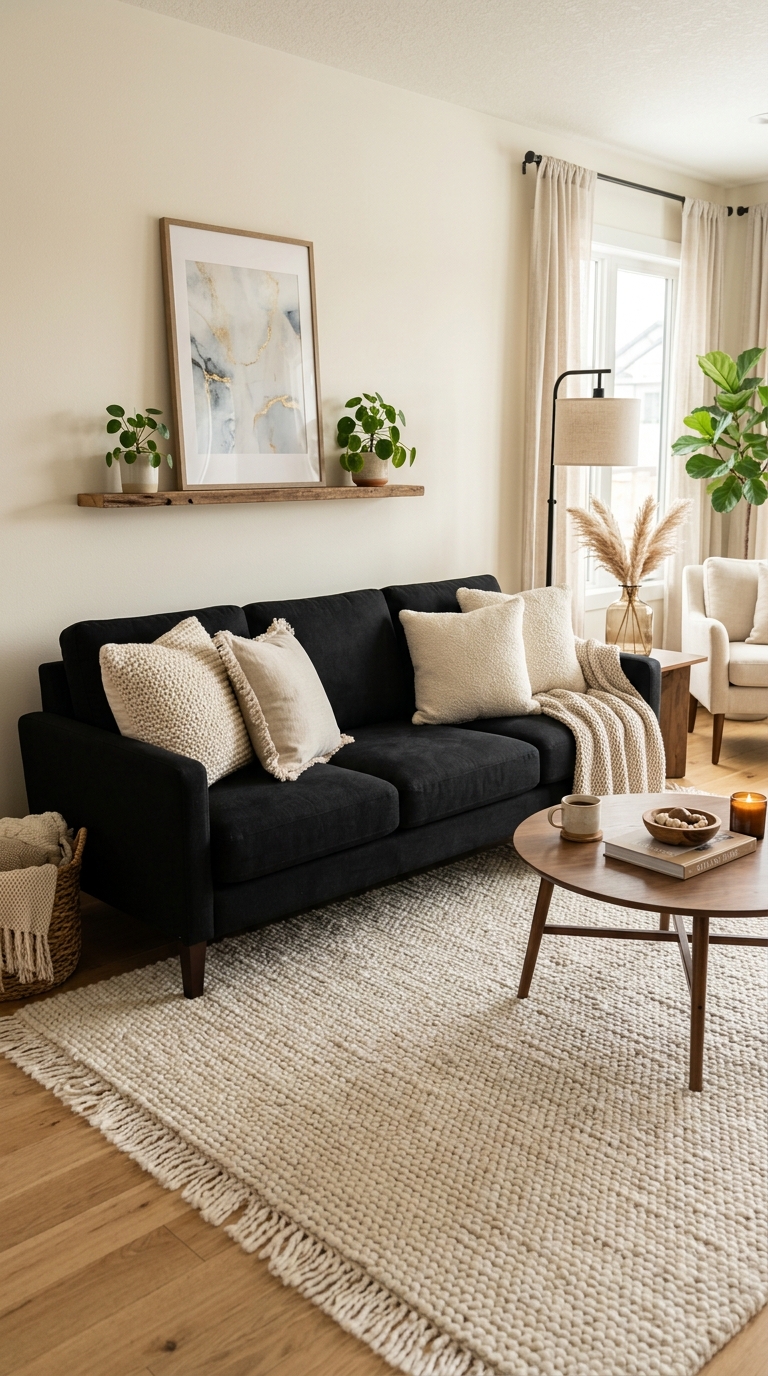 Black sofa on light textured rug with cream pillows