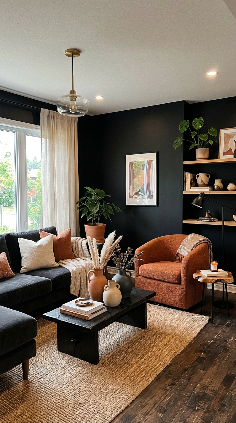 Black living room styled with warm terracotta accents