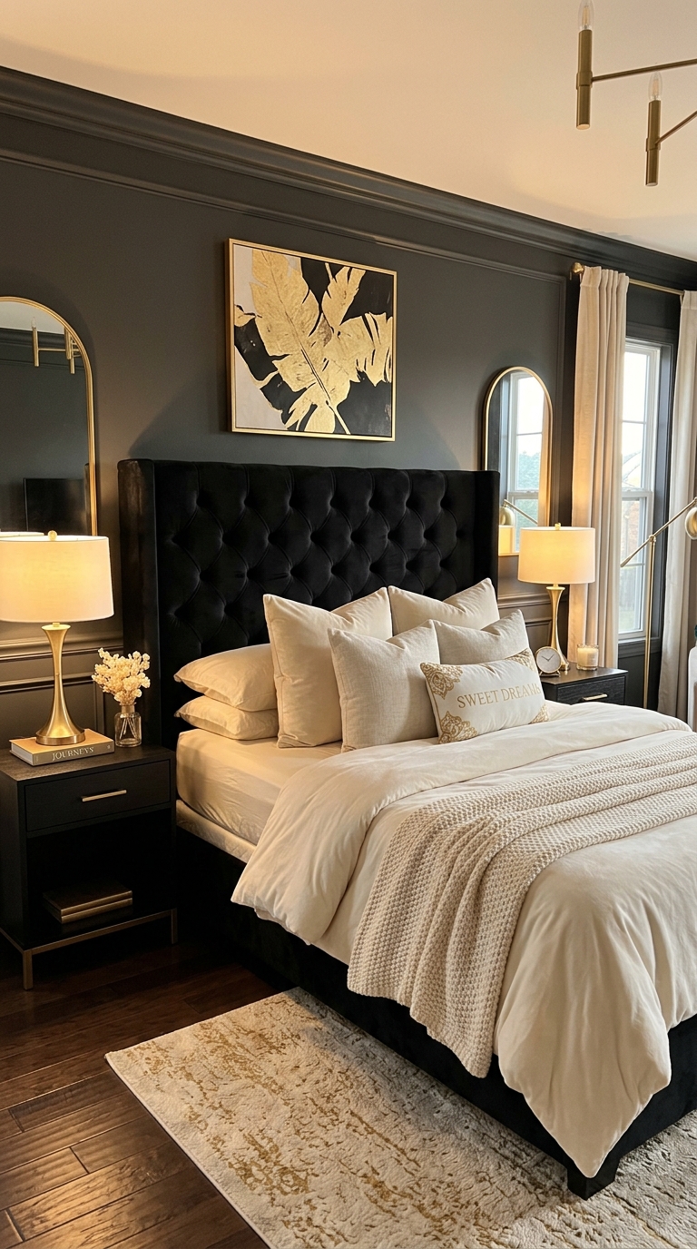 Black velvet tufted headboard in a romantic gothic bedroom