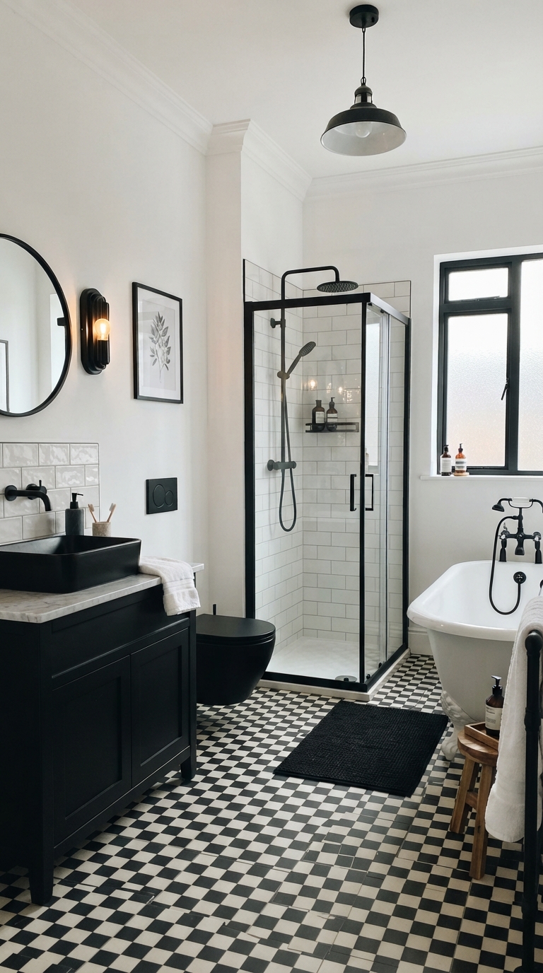 Black and white aesthetic bathroom with checkerboard floor tile