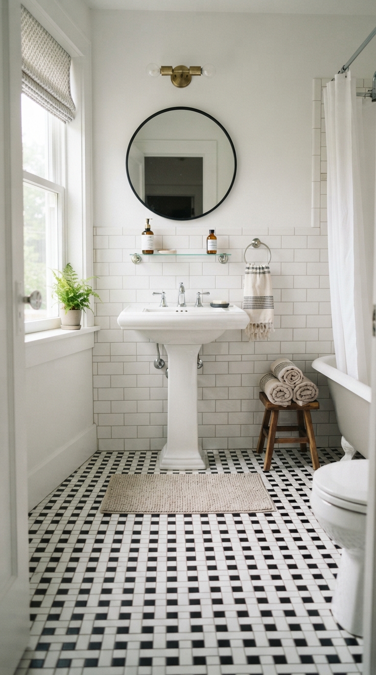 Black and white checkerboard tile floor in a chic small bathroom