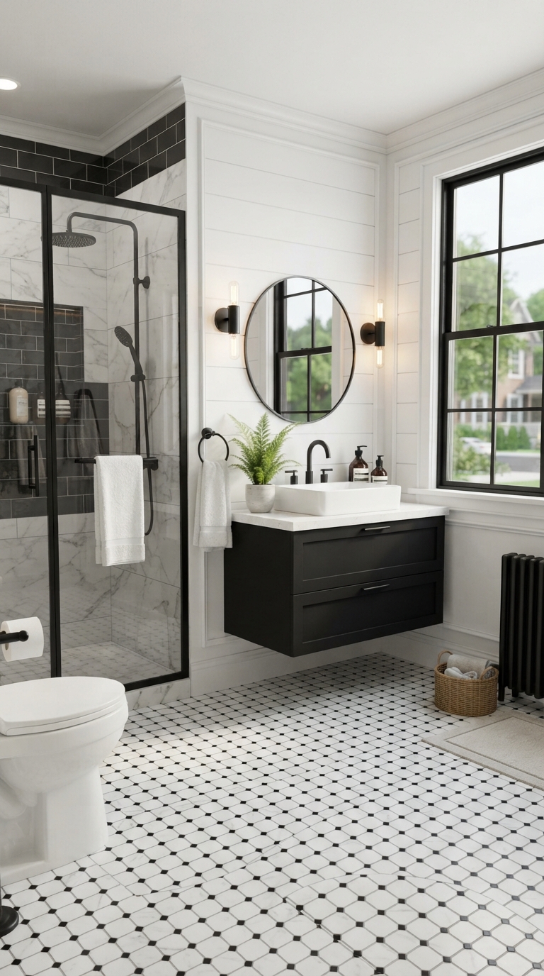 Classic Bloxburg bathroom featuring black and white checkered floor tiles.
