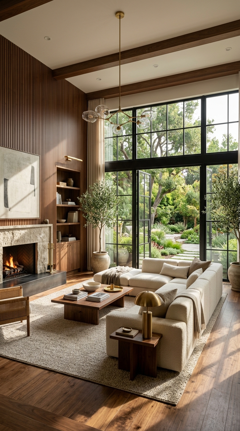 Living room styled with black window frames and trim