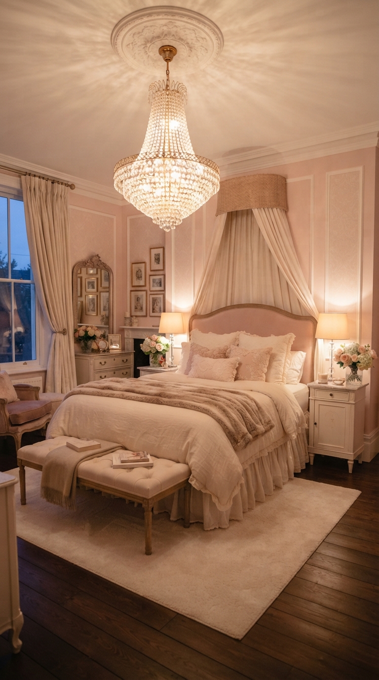 Blush and cream bedroom with a chandelier for a soft luxury glow