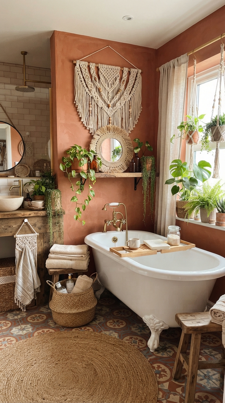 Boho aesthetic bathroom with macramé wall hanging and woven baskets