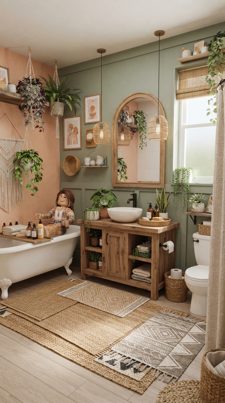 Boho Bloxburg bathroom with arched mirror, woven décor and indoor plants.