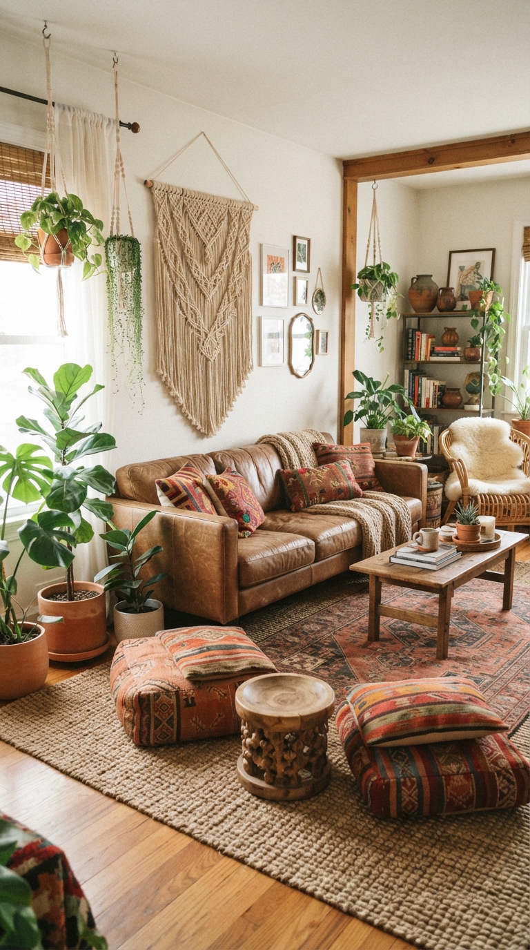 Brown sofa in a boho living room with macrame decor and plants
