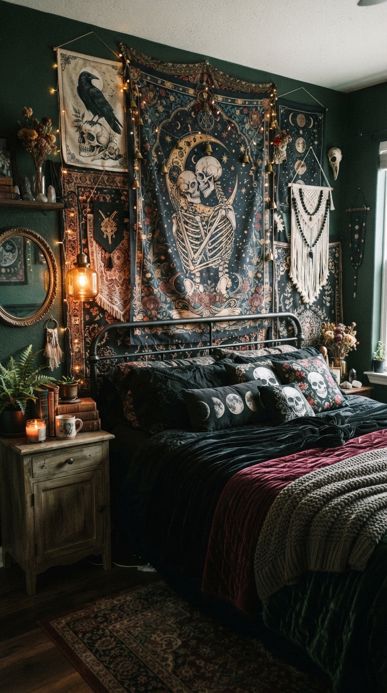 Boho gothic tapestry layering in a bedroom