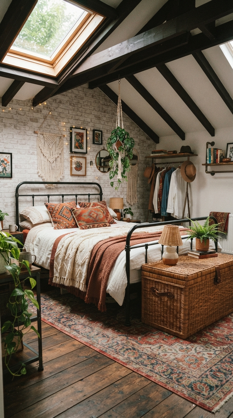 Industrial and bohemian styled bedroom with slanted ceiling and rattan accents
