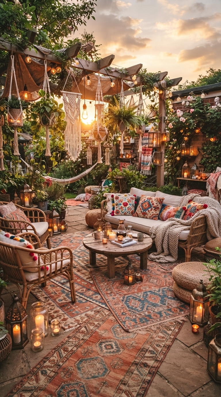 Boho patio with layered rugs and hanging lanterns