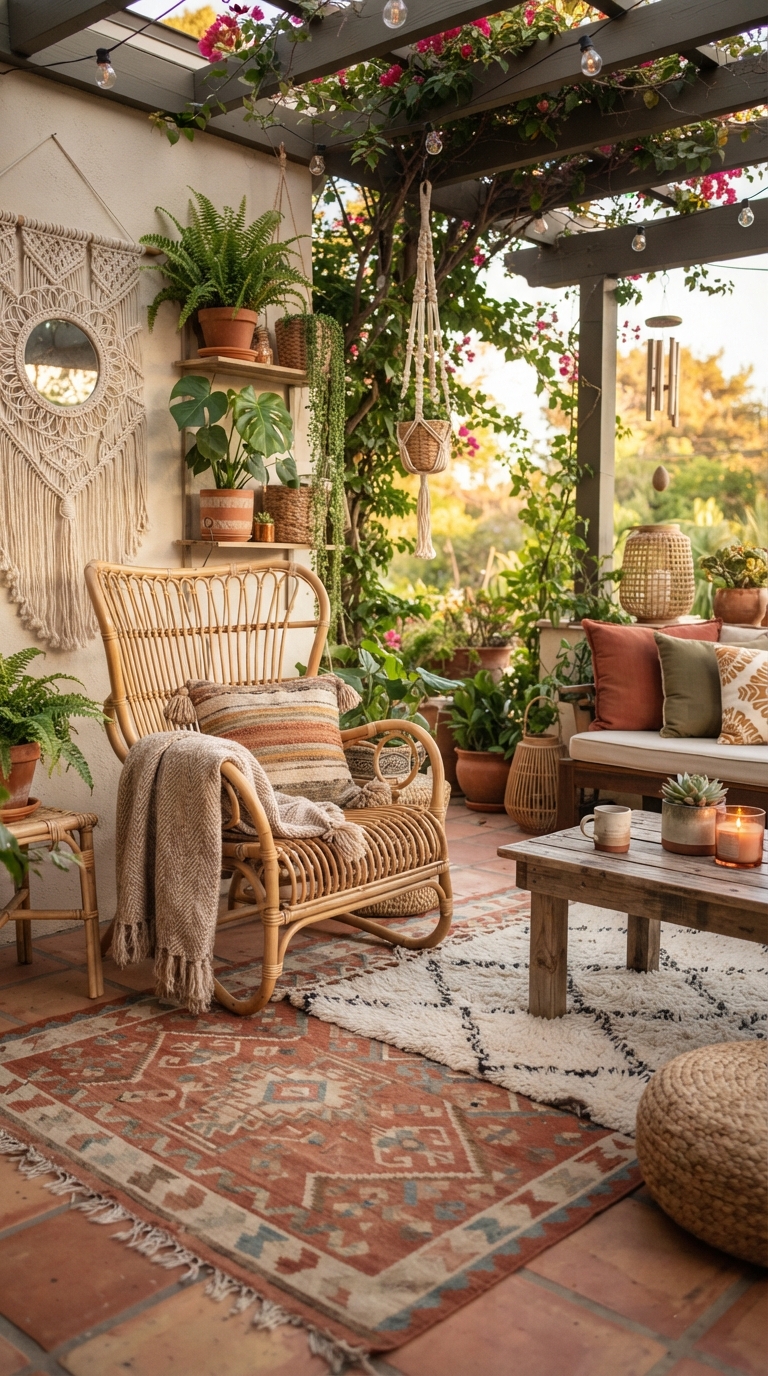 Budget boho patio idea with layered textiles