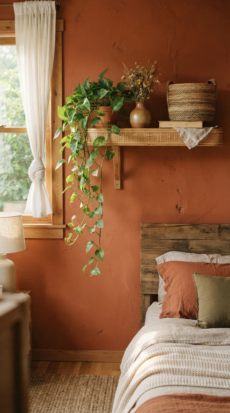 Boho rattan bedroom shelf with trailing pothos and clay vase