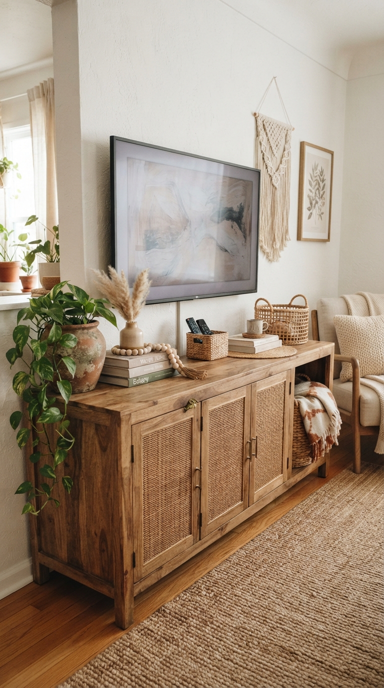 Boho-style TV console with woven accents and trailing plant