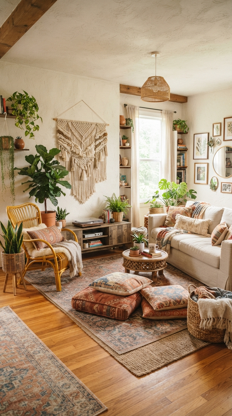 Boho living room with mustard rattan chair and macrame decor