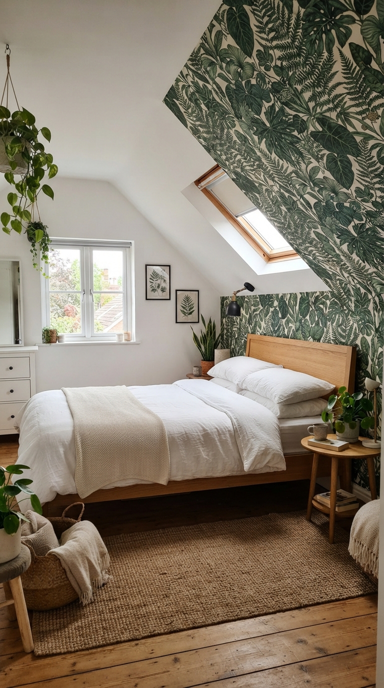 Bold botanical wallpaper applied to a slanted bedroom ceiling with white furnishings