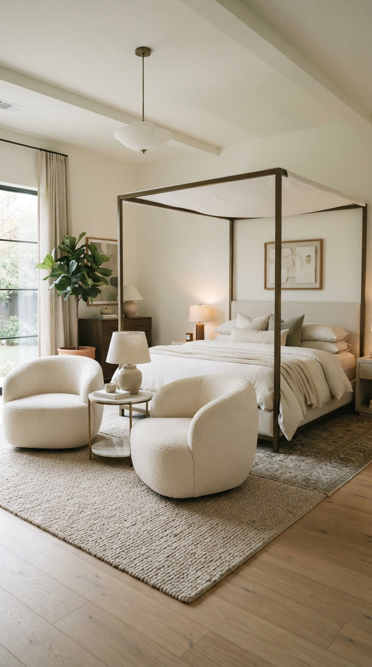 Boucle accent chairs paired with a structured canopy bed