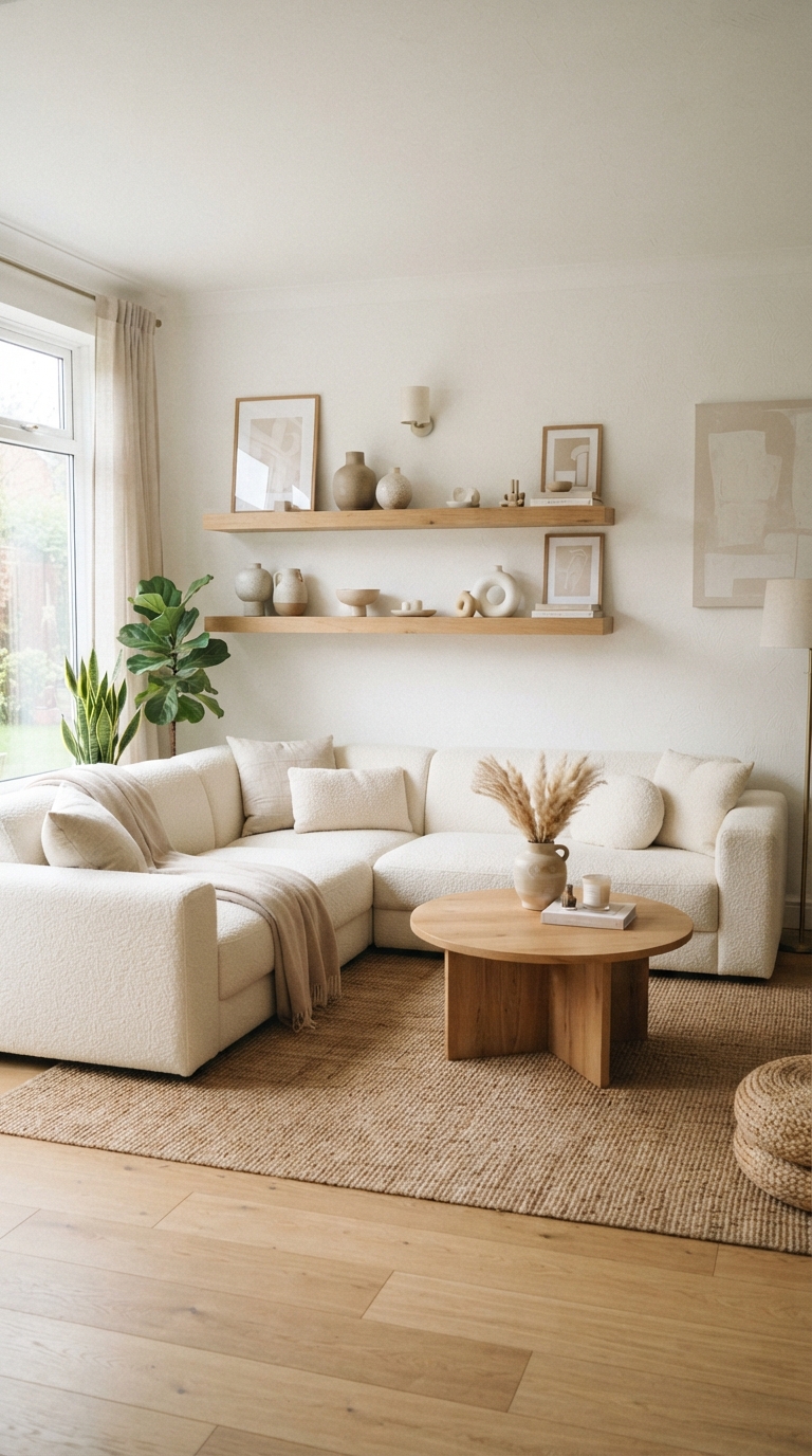 Monochrome bouclé sectional with floating shelves in a modern neutral living room