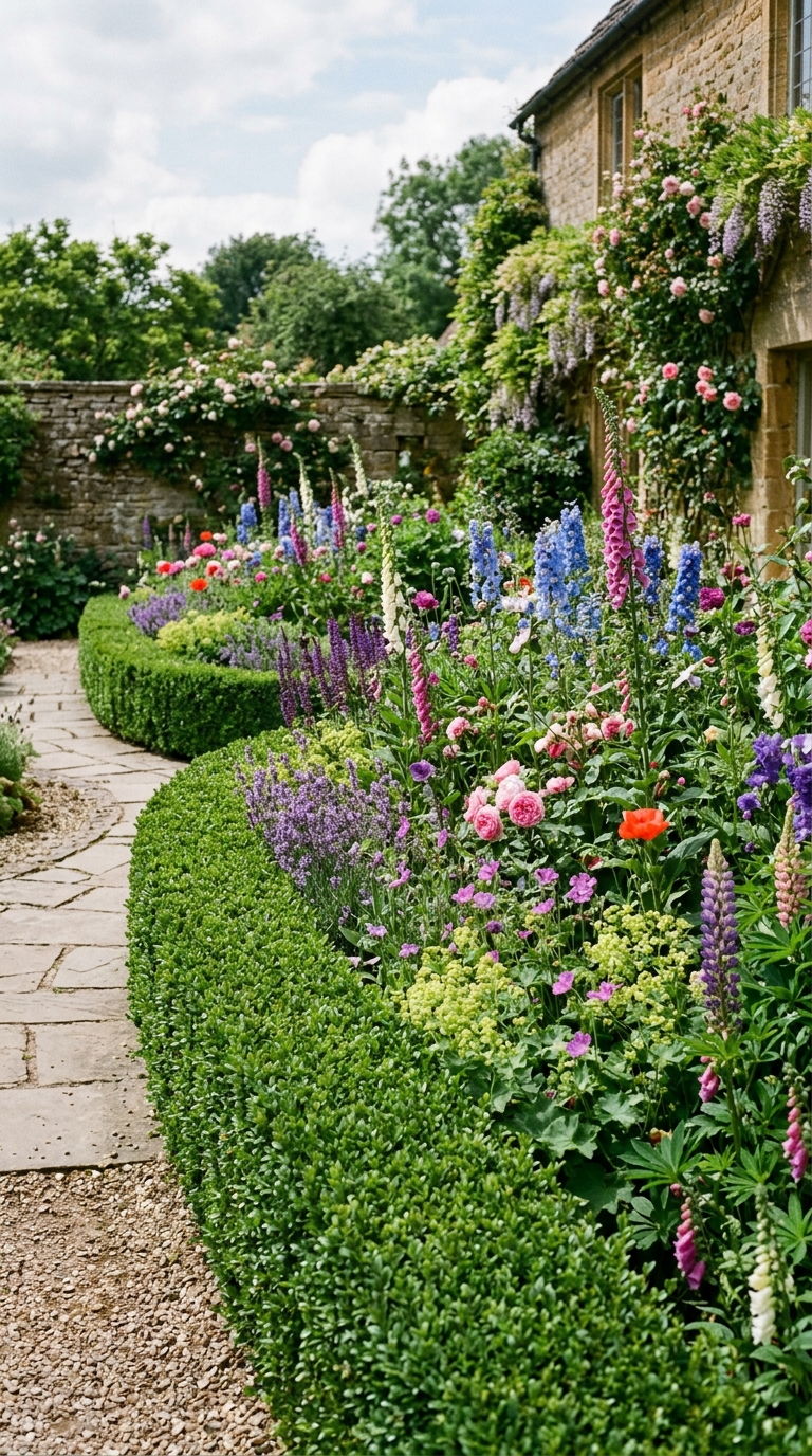 Boxwood hedge framing wild cottage planting in an English garden