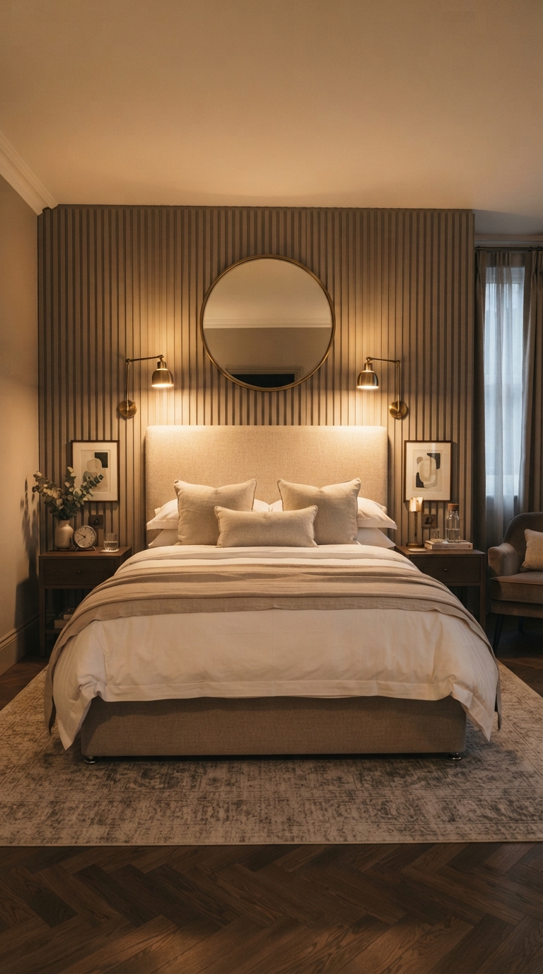 Fluted wall paneling with brass sconces in a modern luxury bedroom
