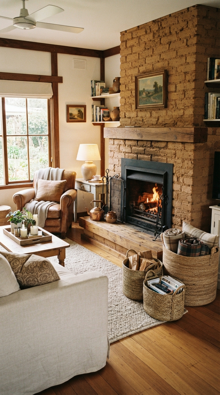 Earthy living room with brick fireplace and woven baskets