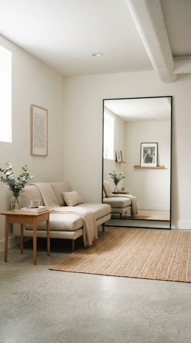 Basements have a reputation problem. Say the word out loud, and most people picture concrete floors, a flickering bulb, and a water heater nobody wants to look at. But that image is outdated. Today's basements are turning into the most-used rooms in the house — cozy movie corners, home offices, guest suites, and gathering spaces that families actually fight over on a Friday night. The trick is knowing which ideas are worth your time and budget, and which ones just look good in a photo. Below are 21 basement remodel ideas that actually make sense — practical enough to plan this weekend, and pretty enough to pin for later. Whether you're working with a tight budget or dreaming a little bigger, there's a version here that fits. 1. The Cozy Hoodie-Vibe Lounge Practical Advice: Anchor the room around a deep sectional and a low coffee table, then layer in warm lighting instead of one harsh overhead fixture — think floor lamps and a couple of table lamps on dimmers. There's something about a basement lounge that feels different from a living room upstairs — more relaxed, a little more forgiving. This layout leans into that. An oversized sectional in a soft neutral fabric, a stack of throw blankets, and a low table for snacks turns the space into the spot everyone gravitates to without trying too hard. Keep the color palette warm and muted — think oatmeal, clay, and soft brown — so the room feels grounded rather than sterile. Add a rug that's thick enough to sit on comfortably, since basement floors run cooler than the rest of the house. This is the idea to start with if your basement's main job is simply being comfortable. Budget Alternative: Skip a custom sectional and use modular floor cushions or a secondhand couch reupholstered in a warm fabric. Common Mistake to Avoid: Relying on one overhead light. Basements need multiple light sources at different heights to avoid feeling flat and cave-like. 2. Bright White Budget Refresh Practical Advice: A few gallons of bright white paint on walls, trim, and even the ceiling can do more for a dark basement than almost any other single change — and it's one of the cheapest upgrades on this list. If your basement remodel budget is tight, start here. White walls bounce whatever light you do have around the room, instantly making a low, dim space feel taller and more open. Pair the paint with a couple of strategically placed mirrors across from any windows or light fixtures to double the effect. This idea works well as a first phase. You can live with bright white walls for a year while you save up for furniture, flooring, or built-ins, and the space will already feel like a real room instead of a storage afterthought. It's the foundation every other idea on this list builds on. Budget Alternative: Use leftover or mis-tinted paint from the hardware store's discount bin — white and off-white shades are almost always in stock. Common Mistake to Avoid: Choosing a stark, cool-toned white. In a room with little natural light, cool whites can look gray and unwelcoming — opt for a warm white instead. 3. Low-Ceiling Friendly Open Layout Practical Advice: Choose furniture with visible legs instead of upholstered skirts, and hang curtains or artwork close to the ceiling line to draw the eye upward. Low ceilings are the most common basement complaint, but the fix usually isn't structural. It's visual. An open layout with minimal bulky furniture keeps sightlines clear across the room, which tricks the brain into perceiving more height than there actually is. Avoid tall bookshelves or armoires that compete with the ceiling. Vertical stripes on an accent wall, floor-length curtains, and a light rug-to-wall color transition all help elongate the space. This idea pairs beautifully with the bright white refresh above — the two work as a team to counteract everything basements are naturally working against. Budget Alternative: Use tension curtain rods instead of hardware-mounted ones to hang floor-length curtains without a big install cost. Common Mistake to Avoid: Adding a basement drop ceiling with a busy grid pattern — it visually chops the ceiling into segments and makes the room feel shorter, not taller. Image Prompt: Ultra-realistic editorial photograph of an open basement layout with low furniture, floor-length curtains, minimal clutter, light color palette, sightlines emphasizing spaciousness, editorial interior photography. Image Alt Text: Open basement layout designed to visually raise a low ceiling 4. Moody Navy Retreat Practical Advice: Use navy on just one or two walls paired with warm wood tones and brass or gold fixtures, rather than painting the entire room dark — full-dark basements can feel closed-in without natural light to balance them. If your basement already feels a bit cozy and enclosed, sometimes it's better to lean into that instead of fighting it. A moody navy accent wall paired with warm sconces and a leather chair creates a retreat-like feeling — the kind of room built for reading, a quiet drink, or a slow Sunday. Balance the darker tones with texture: a plush rug, brass hardware, and soft lighting keep the room from feeling like a cave. This is a higher-commitment idea design-wise, but it delivers a look that feels intentional and designer-level rather than accidental. Budget Alternative: Paint just one accent wall navy instead of the whole room, and pair it with existing furniture rather than new pieces. Common Mistake to Avoid: Skipping the warm lighting layer. Dark walls without enough light sources will make the room feel smaller instead of moodier. Image Prompt: Ultra-realistic editorial photograph of a moody basement retreat with navy accent wall, warm brass sconces, leather armchair, plush rug, sophisticated evening lighting, editorial interior photography style. Image Alt Text: Moody navy basement retreat with warm brass lighting 5. Basement Home Theater Nook Practical Advice: Basements are naturally suited for home theaters because they lack the natural light that washes out a screen upstairs — lean into that advantage instead of trying to compensate for it. A dedicated theater corner doesn't need a full build-out to feel special. A large screen or projector, a couple of reclining chairs or a media sofa, and blackout-friendly wall color are the core ingredients. Add a small shelf for snacks and a soft rug underfoot to complete the setup. Acoustic panels or even a few thick curtains along the walls can noticeably improve sound quality if the room has hard surfaces like concrete or tile. This idea works well as its own zone within a larger open basement rather than requiring the whole floor. Budget Alternative: A projector and pull-down screen typically cost less than a large flatscreen TV and deliver a bigger, more theater-like image. Common Mistake to Avoid: Positioning seating too close to the screen. Measure and follow standard viewing-distance guidelines before arranging furniture. Image Prompt: Ultra-realistic editorial photograph of a basement home theater with large projector screen, reclining media seating, dark accent wall, ambient LED lighting, cozy theater-style atmosphere, editorial photography. Image Alt Text: Basement home theater nook with projector screen and reclining seats 6. Under-Stairs Reading Nook Practical Advice: Measure the under-stair space carefully before buying furniture — a built-in bench with cushions almost always fits better than a freestanding chair in these irregular corners. The space under a basement staircase is one of the most overlooked areas in the entire house. Instead of letting it collect boxes, turn it into a small reading nook with a cushioned bench, a wall sconce, and a couple of pillows. It's a small project that delivers an outsized amount of charm. Add a slim shelf for a few favorite books and a small side table for a mug of tea. Because the space is naturally tucked away, it becomes a genuine little retreat — the kind of spot people are surprised to discover the first time they visit. Budget Alternative: Use a simple cushion on a built or repurposed shelf ledge instead of custom bench seating. Common Mistake to Avoid: Forgetting lighting. Under-stair nooks are often the darkest corner of the basement, so a dedicated sconce or reading lamp is essential, not optional. Image Prompt: Ultra-realistic editorial photograph of a cozy under-stairs reading nook with cushioned bench, wall sconce, small bookshelf, warm inviting lighting, editorial interior photography style. Image Alt Text: Under-stairs basement reading nook with cushioned bench 7. Basement Bar with Mini-Fridge Practical Advice: A mini-fridge, open shelving for glassware, and a small counter are enough to create a functional bar — you don't need full plumbing or cabinetry to make this work. A basement bar signals right away that the room is meant for gathering. Tuck it under the stairs, along a side wall, or into a corner near the seating area. Open shelving styled with glassware and a few bottles adds visual interest without requiring a big footprint. Pendant lighting above the bar area helps define it as its own zone within an open basement layout. This idea pairs especially well with the multi-zone hangout and home theater ideas on this list, since it naturally becomes the spot people cluster around during a movie night or game day. Budget Alternative: Use a repurposed dresser or console table as the bar base instead of built-in cabinetry. Common Mistake to Avoid: Overcrowding the shelving with too many decorative objects. A few well-chosen pieces read as styled; too many read as cluttered. Image Prompt: Ultra-realistic editorial photograph of a basement bar corner with mini-fridge, open shelving styled with glassware, pendant lighting above, warm wood tones, editorial interior photography. Image Alt Text: Basement bar corner with mini-fridge and pendant lighting 8. Storage-Smart Pony Wall Divider Practical Advice: A pony wall — a partial-height wall — divides a basement into distinct zones without blocking light or making the room feel chopped up the way a full wall would. Basements often need to do double duty: half lounge, half storage or office. A pony wall solves this by creating a visual boundary while keeping the ceiling line and light flow uninterrupted. Add shelving or cubbies to the back of the wall to fold in storage without a separate piece of furniture. This idea is especially useful for basements without a lot of closet space, since the pony wall can hide baskets, bins, and off-season items behind a clean, styled front. It's a project many homeowners can tackle with basic framing skills or a weekend with a contractor. Budget Alternative: Use a freestanding bookshelf or open shelving unit as a temporary divider instead of building a permanent wall. Common Mistake to Avoid: Making the divider too tall. Keeping it at counter or shoulder height preserves the open, airy feeling that low-ceiling basements need most. Image Prompt: Ultra-realistic editorial photograph of a basement pony wall divider with built-in storage shelving, separating a lounge area from a storage or office zone, bright and organized, editorial interior photography. Image Alt Text: Basement pony wall divider with built-in storage shelving 9. Multi-Zone Family Hangout Practical Advice: Use area rugs to define separate zones — a game area, a lounge area, a kids' corner — within one larger open room, rather than relying on walls. Big basements can feel underused if they're treated as one giant, undefined space. Breaking the room into purposeful zones — a card table here, a sectional there, a play corner in the back — gives every family member a reason to come downstairs. Furniture placement does most of the heavy lifting. Keep a consistent color palette across the zones so the room still feels cohesive rather than like several mismatched spaces stitched together. This layout is especially useful for families with a wide age range, since everyone gets their own corner without needing separate rooms. Budget Alternative: Use different rug sizes and colors within the same palette to define zones instead of furniture room dividers. Common Mistake to Avoid: Trying to fit too many zones into a small footprint. Two or three well-defined areas work better than five cramped ones. Image Prompt: Ultra-realistic editorial photograph of a multi-zone basement layout with separate lounge, game, and play areas defined by rugs and furniture groupings, cohesive color palette, editorial interior photography. Image Alt Text: Multi-zone basement family hangout with defined lounge and play areas 10. Vinyl Plank Warm-Wood Look Flooring Practical Advice: Waterproof vinyl plank flooring gives the look of hardwood at a fraction of the cost and price, and it handles basement moisture far better than real wood. Flooring can make or break a basement remodel. Concrete alone reads as unfinished, while true hardwood is a risky and expensive choice in a room prone to humidity. Vinyl plank splits the difference — warm, wood-look tones that instantly make the space feel like a proper room, installed directly over concrete in most cases. Choose a wider plank in a mid-tone brown for a current, grounded look, or a lighter driftwood tone if the goal is to brighten a darker basement. Either way, this single change tends to have the biggest visual impact per dollar spent anywhere in the remodel. Budget Alternative: Peel-and-stick vinyl tile is even more affordable than click-lock plank and still delivers a finished look. Common Mistake to Avoid: Skipping a moisture test on the concrete slab before installation — even waterproof flooring performs poorly over an unaddressed moisture problem. Image Prompt: Ultra-realistic editorial photograph of warm wood-look vinyl plank flooring in a basement room, natural lighting highlighting the wood grain texture, styled with a rug and furniture, editorial interior photography. Image Alt Text: Warm wood-look vinyl plank flooring in a finished basement 11. Basement Home Gym Corner Practical Advice: Rubber flooring tiles protect both your equipment and the concrete underneath, and they're easy to install without professional help. A basement is one of the best spots in the house for a home gym — sound doesn't travel to the rest of the house, and there's rarely a reason to worry about scuffing nice flooring. A wall of mirrors, a few key pieces of equipment, and rubber tile flooring are really all that's needed to get started. Good lighting matters more here than people expect. A gym corner with dim, yellow overhead light feels like an afterthought; bright, cool-toned lighting makes the space feel energizing and intentional, closer to a boutique studio than a basement corner. Budget Alternative: Start with just rubber tiles, a mirror, and adjustable dumbbells rather than a full equipment buildout. Common Mistake to Avoid: Placing the mirror where it reflects clutter from other parts of the basement — position it to reflect a clean wall or window instead. Image Prompt: Ultra-realistic editorial photograph of a basement home gym with rubber flooring, wall mirror, bright energizing lighting, minimal equipment, clean and motivating atmosphere, editorial interior photography. Image Alt Text: Basement home gym corner with rubber flooring and wall mirror 12. Basement Home Office Retreat Practical Advice: Position the desk facing into the room rather than facing a blank wall — it makes video calls look better and the workspace feel less isolating. A basement office solves one of the biggest work-from-home problems: getting some real separation from the rest of the house. Because the space is naturally tucked away, it's easier to mentally
