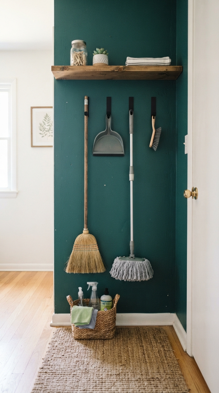 Broom storage idea with a bold accent wall color