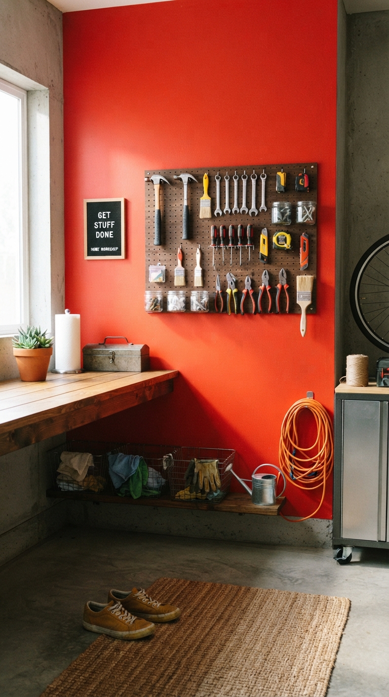 Bold statement color wall for garage broom and tool storage