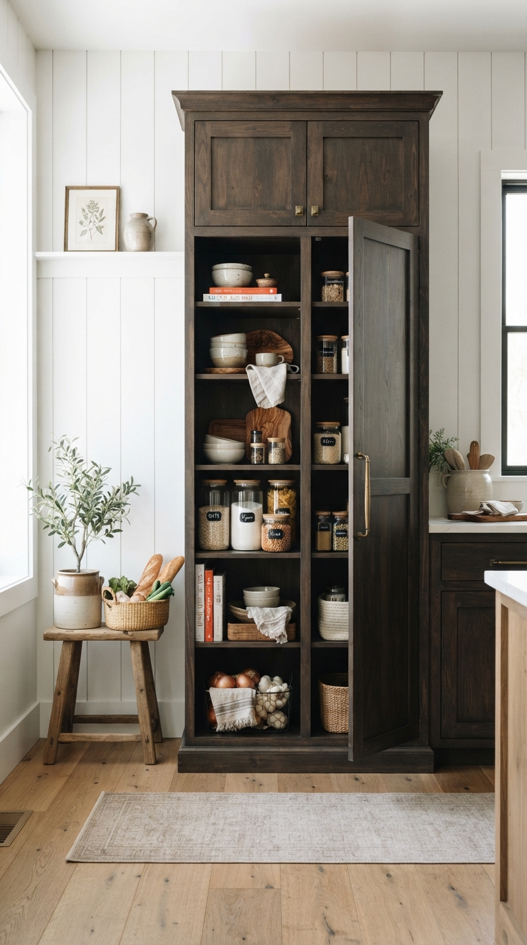 Dark cabinet contrasted with light shiplap in a utility space