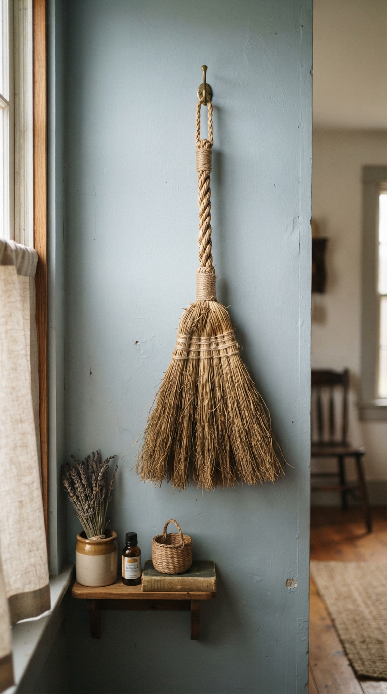 Decorative broom styled as wall art in a utility space