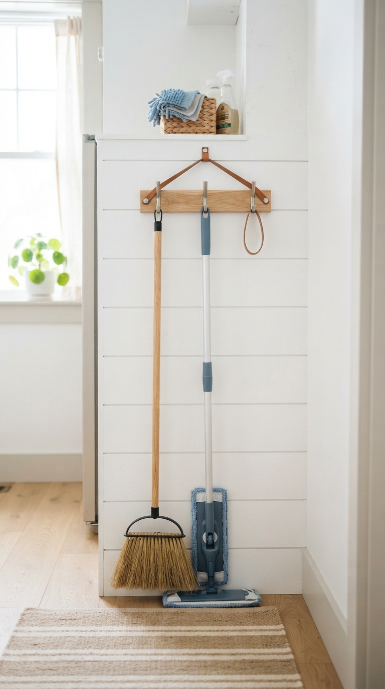Simple wall-mounted hook rack for broom storage