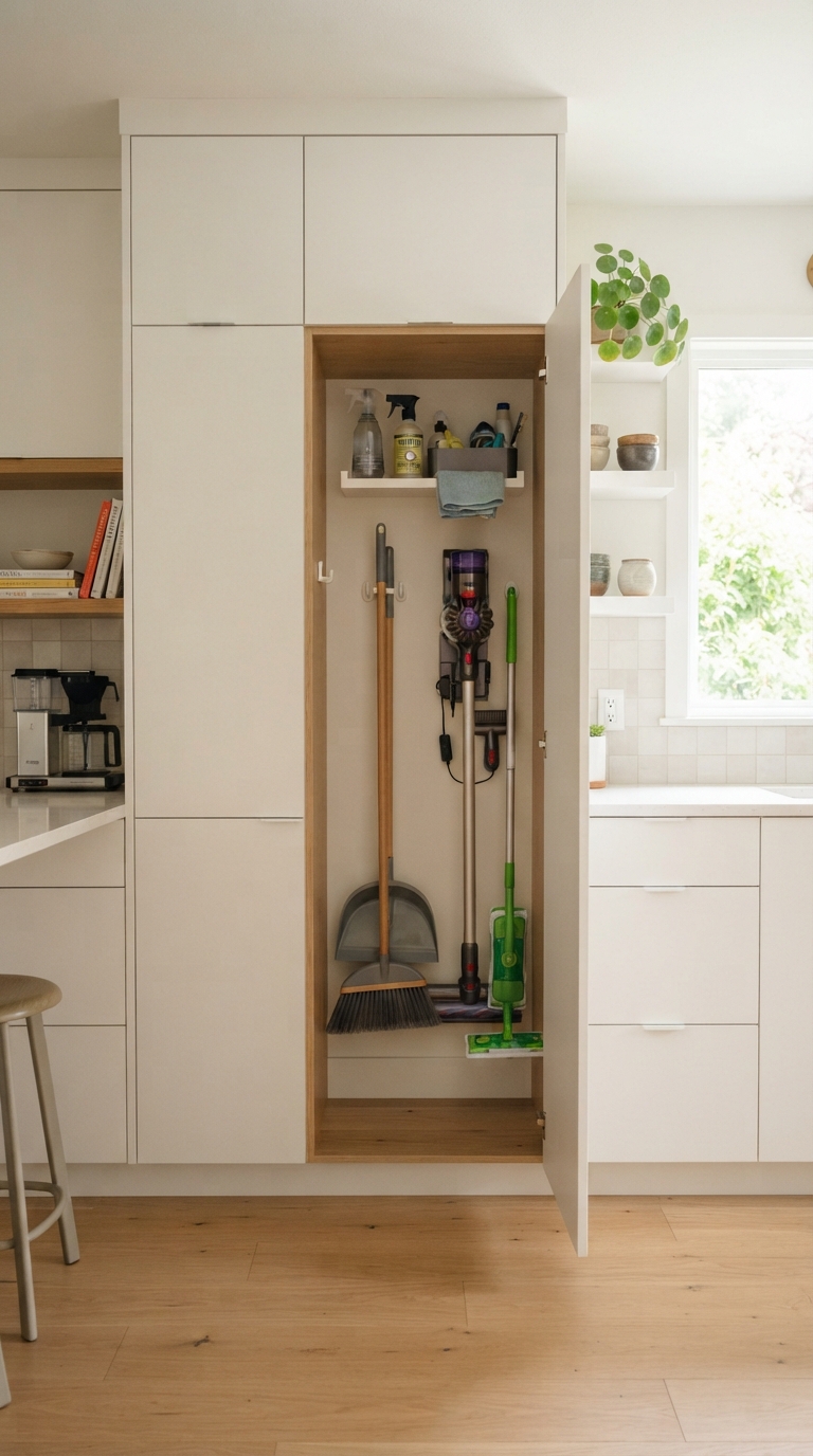 Built-in broom storage nook styled in a kitchen
