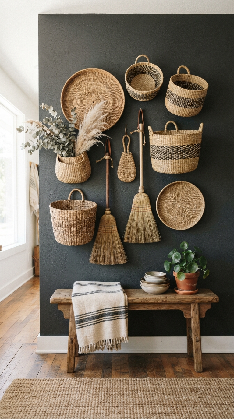 Woven storage textures styled against a moody accent wall