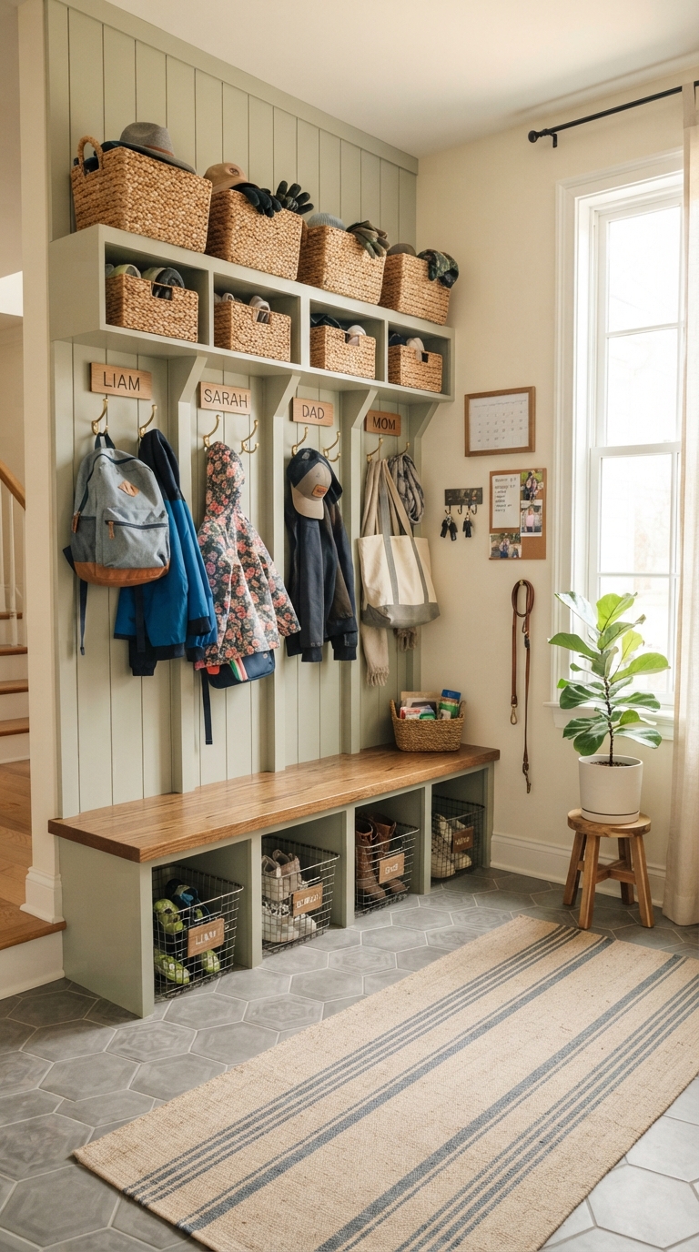 Family mudroom station styled with hooks and storage baskets