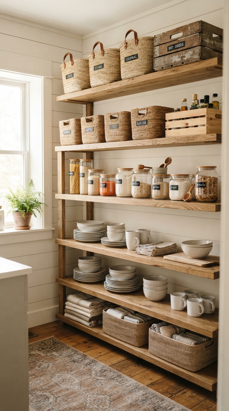 Open shelving styled with baskets for broom and cleaning storage