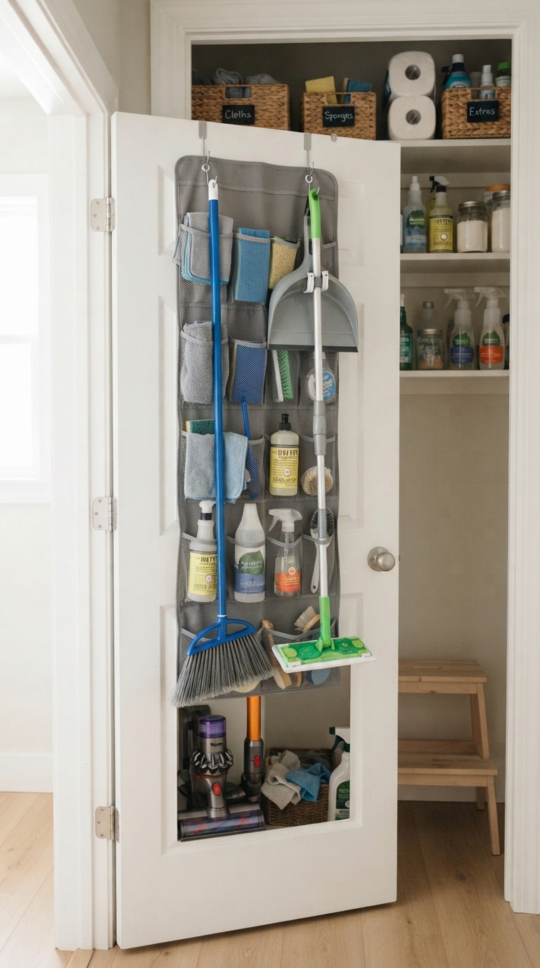 Over-the-door storage solution for small-space broom organization