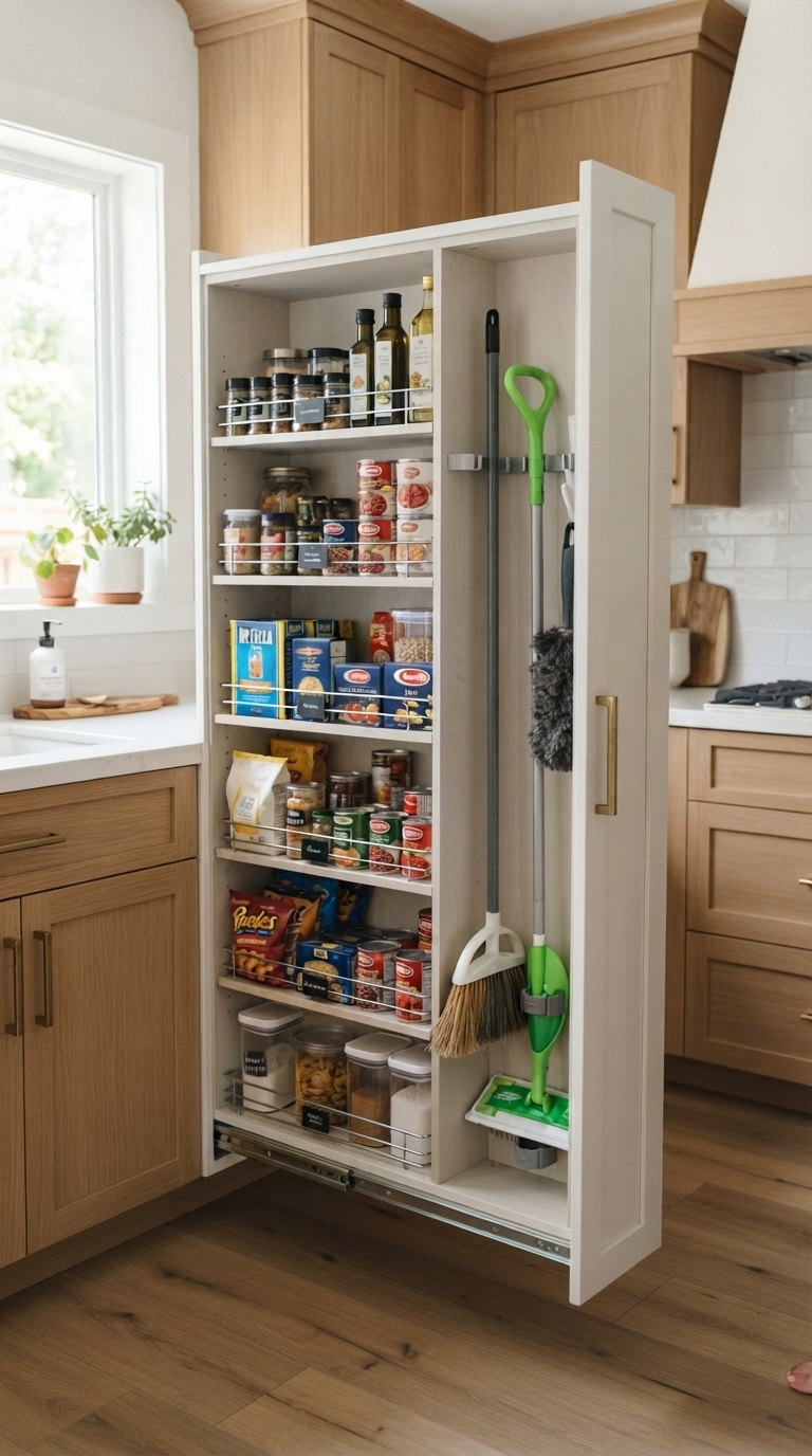 Pull-out pantry cabinet for hidden broom storage