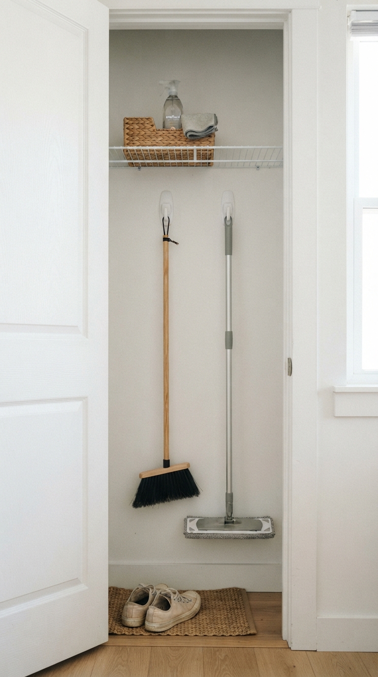 Rental-friendly removable hook storage for brooms