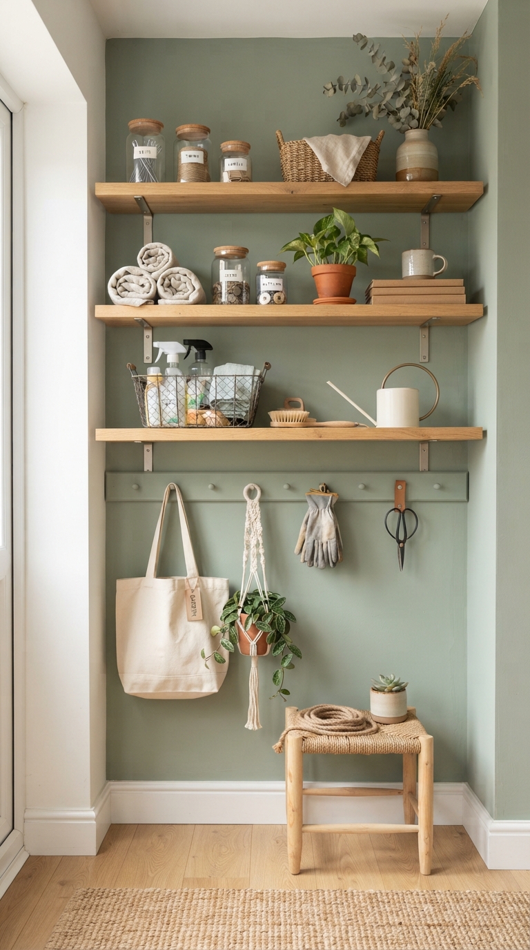 Sage green wall color in a styled utility storage space