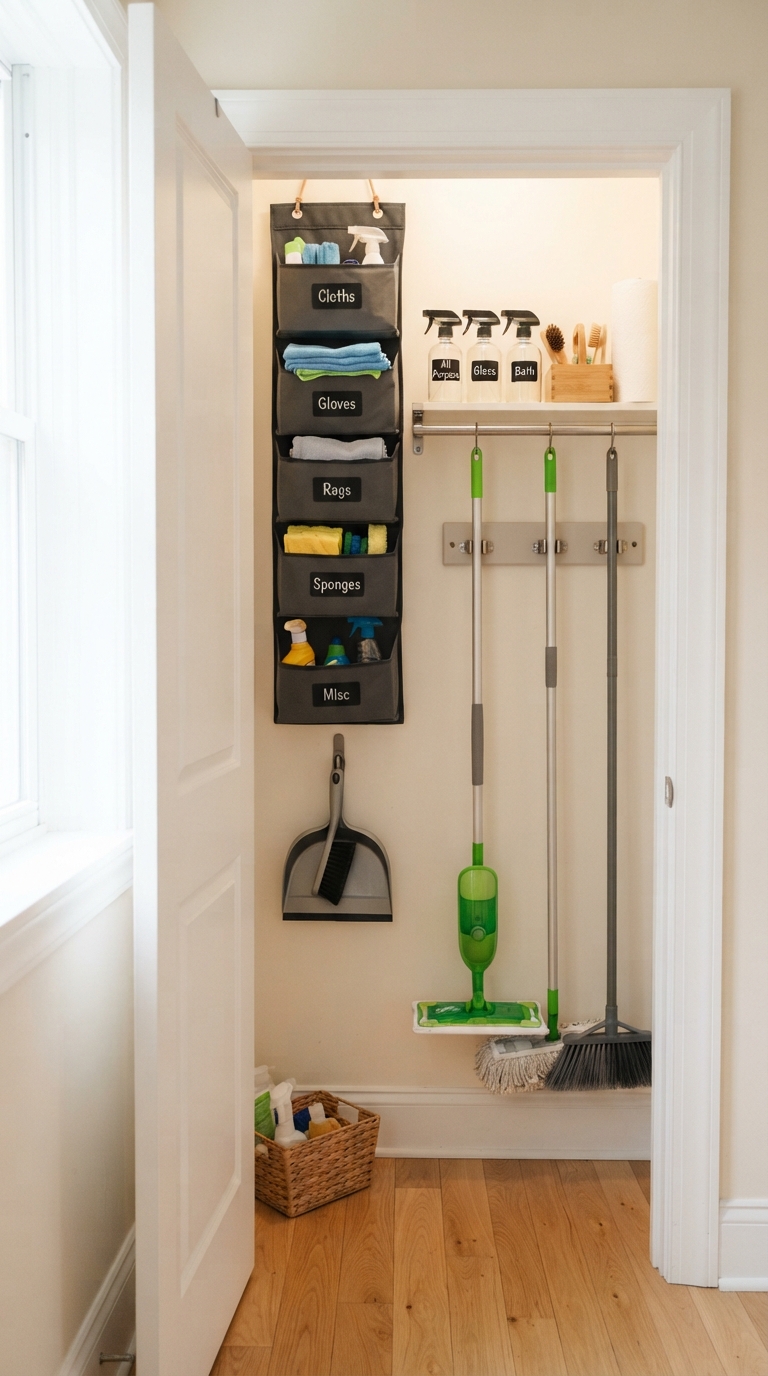 Small apartment closet styled for broom storage
