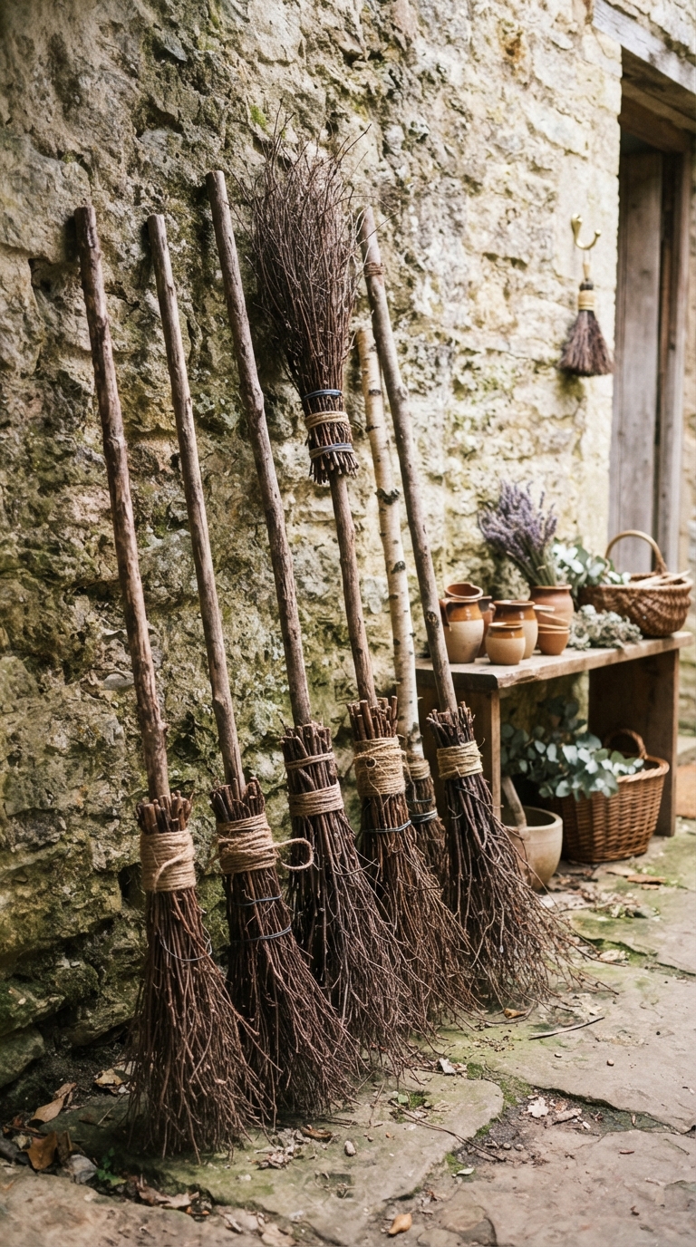 Vertical twig broom storage styled against a textured wall