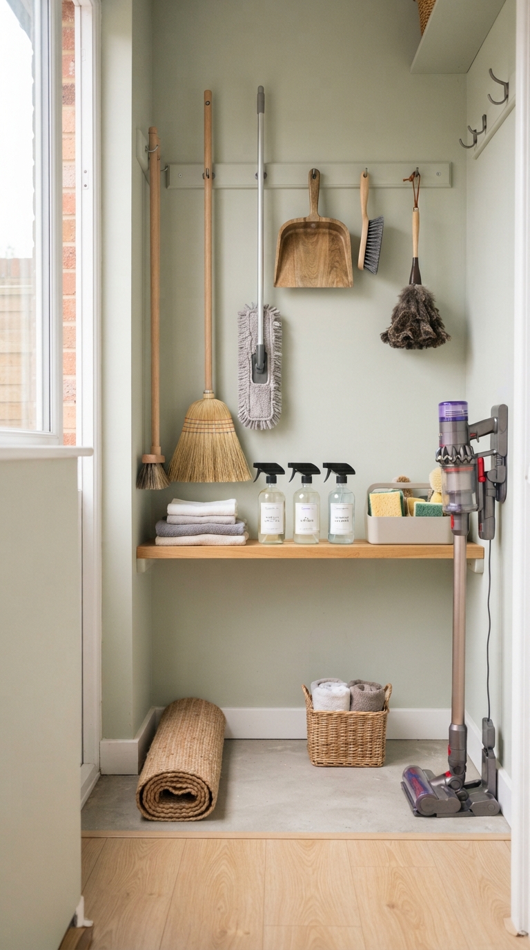 Well-maintained broom storage space after a weekly reset