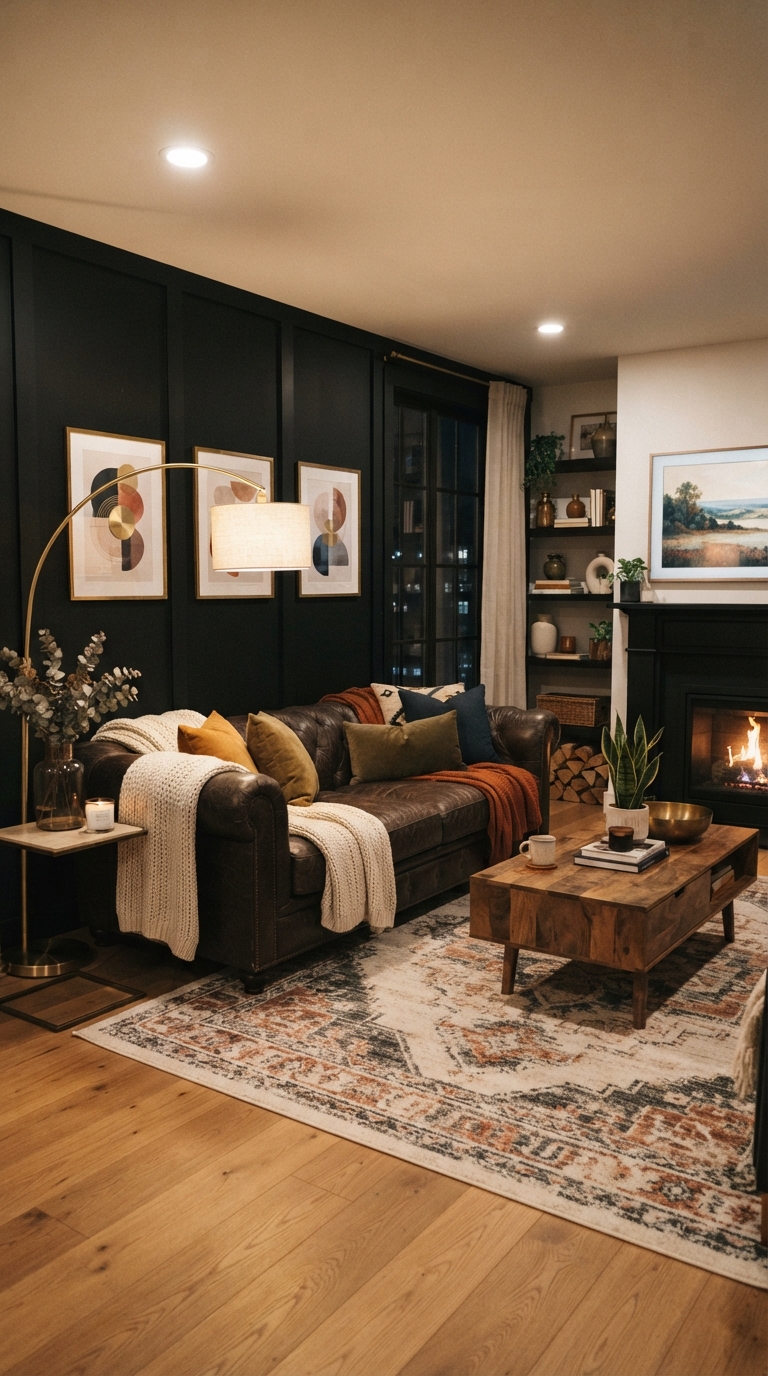 Dark brown sofa against black accent wall with brass lamp