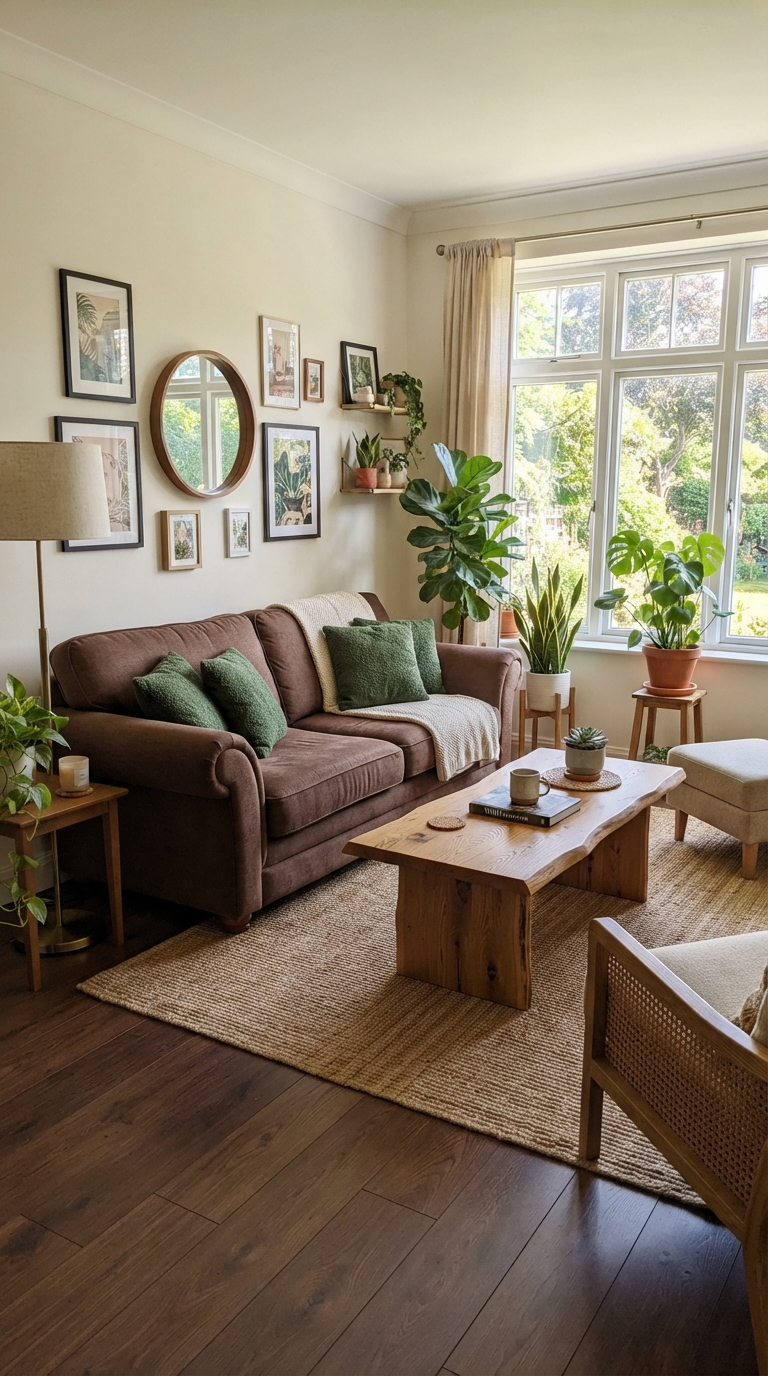 Brown sofa paired with green pillows and plants in a cozy living room