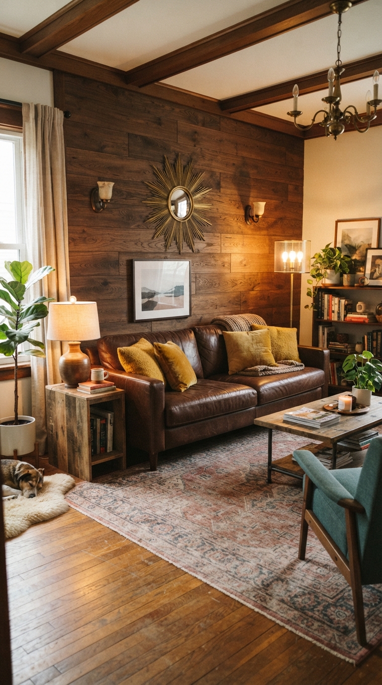 Chocolate brown sofa with mustard pillows and vintage lighting
