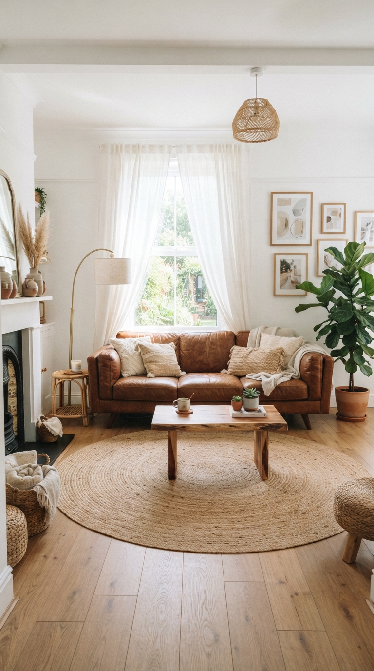Brown leather sofa in a bright white living room with jute rug